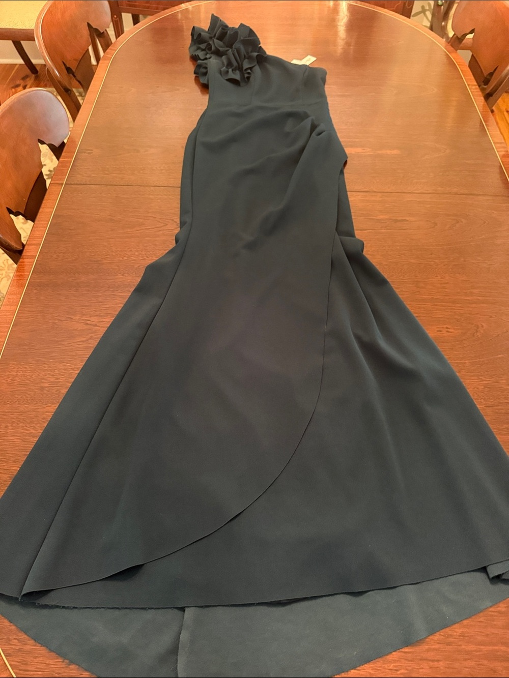 Aqua Dark Green “Pine” One-Shoulder Crepe Ruffle Evening Gown